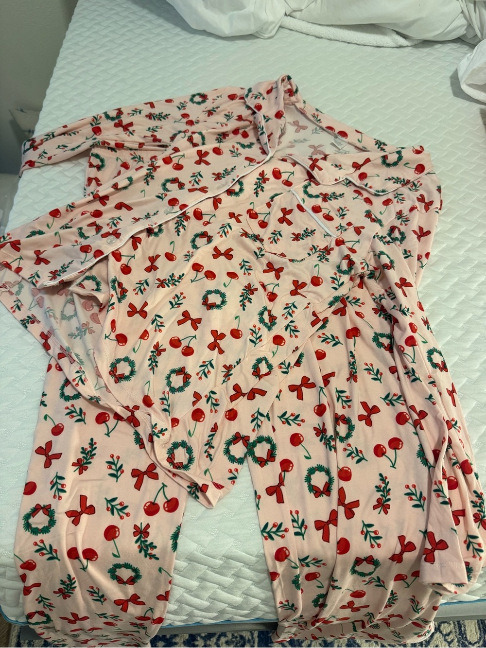 Long sleeve and long pant red Cherry & Wreath Holiday Pajama Set
